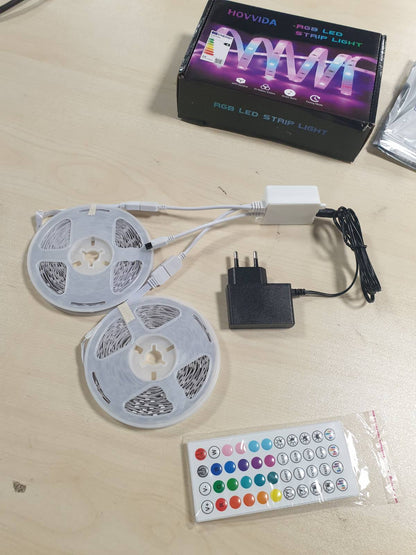 185460 - HOVVIDA Shirit LED 20M, 30 LED/Metër, Seti i 2 (2x10m), Voltazh RGB 24V, 600 LED, i kontrollueshëm me APLIKACION dhe Telekomandë, Sync Muzikor, Modalitet Kohëmatësi, Përdorim për Dhomë Gjumi, Dhomë Lojërash, Festë, Festival