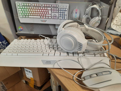 189214 - MARS GAMING MCP124PRO, Kombinim Lojërash 4-në-1 me Tastierë H-Mech RGB, Maus RGB 3200 DPI me Çelësa HUANO, Kufje FRGB dhe Mauspad Nanotekstili 36x26cm, i Mundur me Multiplatformë, Gjuha Frëngjisht, Ngjyra e Bardhë