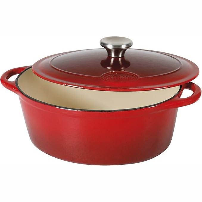 164354 - ENA SITRAM 710840 - Tenxhere e Kuqe/Krem, Formë Ovale, Prej Gize të Emaluar, Kapacitet 6.5L, Madhësi 33 x 25 x 13.5cm