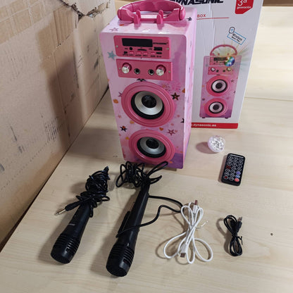 188958 - DYNASONIC Makinë Karaoke Portative me 2 Mikrofonë, Altoparlant Bluetooth, Dritë LED, dhe Lexues USB/SD