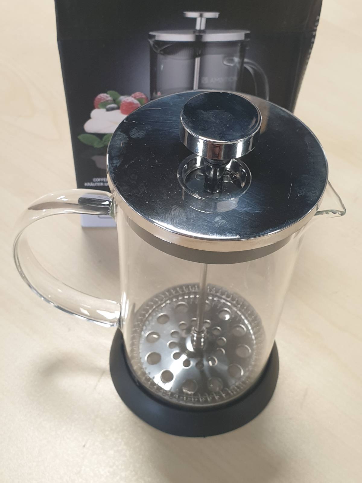 197926 - AMBITION Rafaella French Press, Kapacitet 600ml, Qelq Borosilikat me Dorezë Qelqi, Sitë e rrjetës së hollë, Materiali Inox