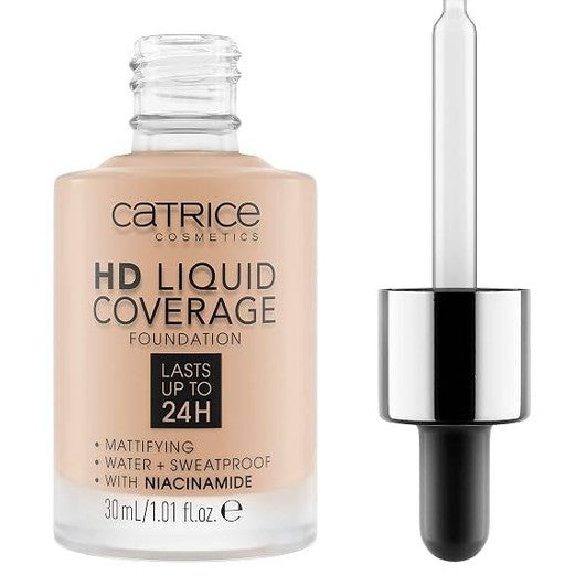 206660 - Catrice HD Liquid Coverage Foundation 030 Sand Beige – Bazë e lëngshme me mbulim të lartë dhe përfundim mat deri në 24 orë, rezistente ndaj ujit, me niacinamide, pa vaj, vegane dhe pa testime te kafshët.