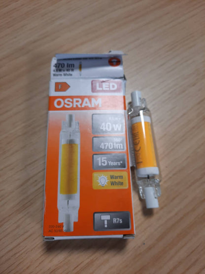 186236 - OSRAM Llambë LED Shumëngjyrëshe Slim Line, R7s Retrofit Baza, 4.5W/470 lm, Dritë e Qartë, e Bardhë e Ngrohtë me 2700 K, Pa Errësim, IP20, Xham pa Plumb, Diametër 16 mm