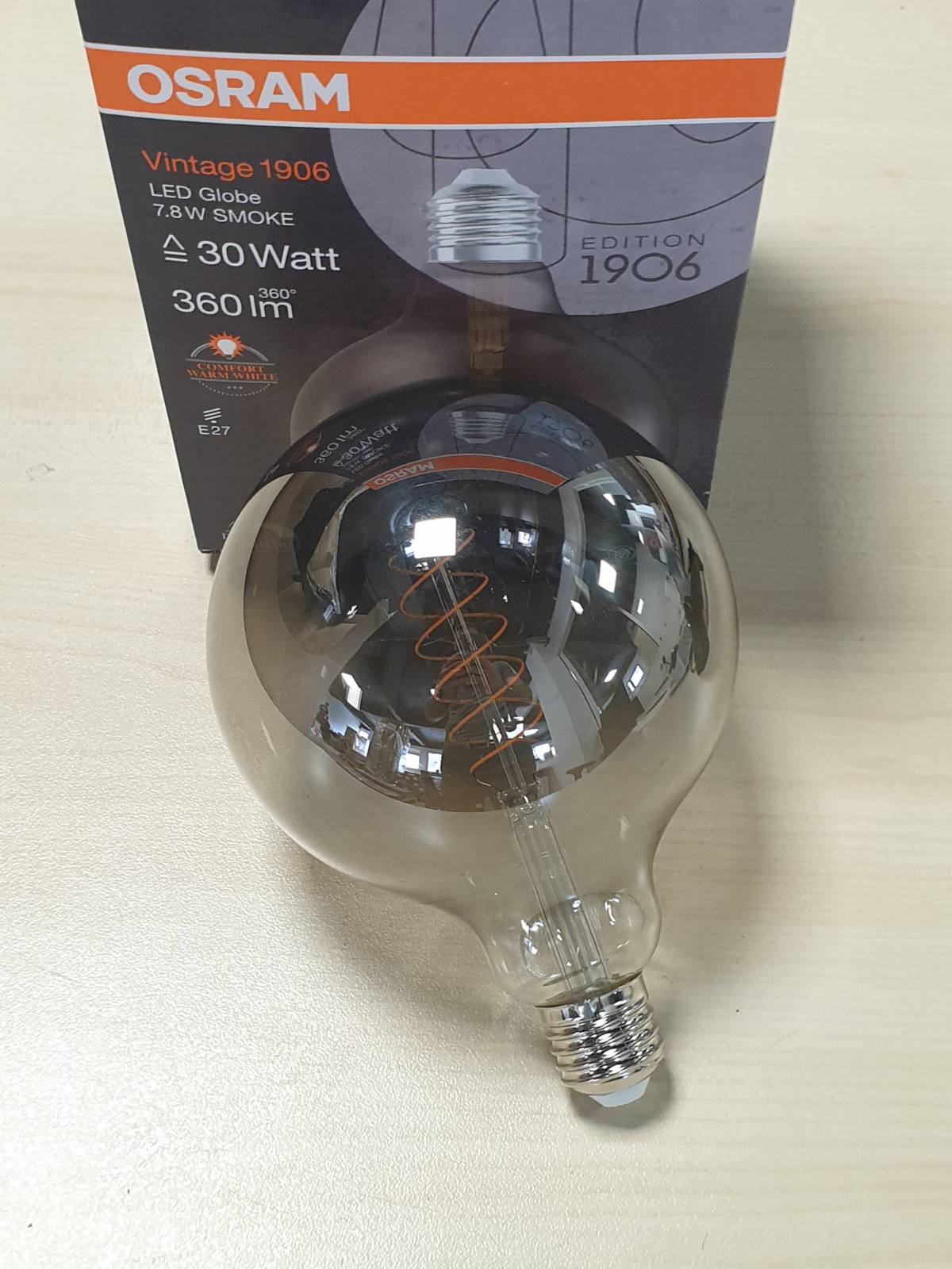 184794 - OSRAM Llambë LED Vintage 1906, Nuancë Tymi, 7.8W, 360lm, Formë Sferike Ø125mm, Bazë E27, Ngjyrë Drite e Bardhë e Ngrohtë, Filament Spiral, E Errësueshme, Jetëgjatësi 15,000 Orë