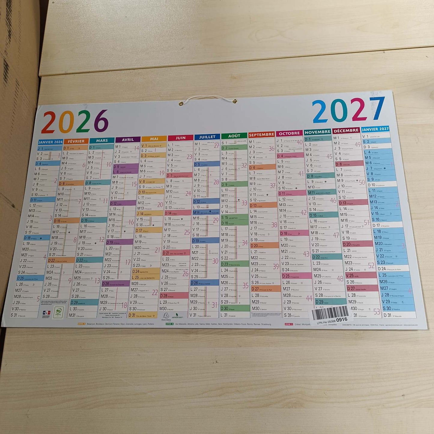 190454 - EXACOMPTA Kalendar Vjetor Shumëngjyrësh, Madhësi 65 x 40.5 cm, Janar 2026/2027