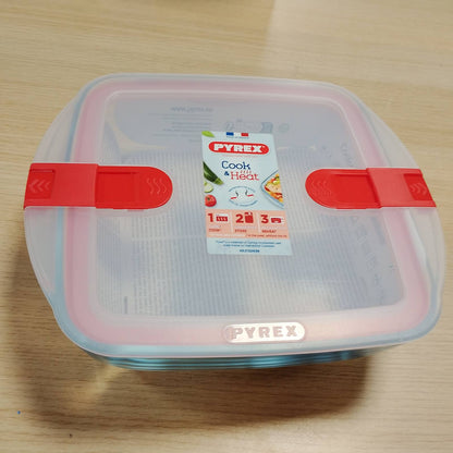 185609 - PYREX Cook&Heat - Enë Katrore Qelqi me Kapak Hermetik të Sigurt për Mikrovalë - Ruajtje e Ushqimit, Gatimi dhe Ngrohja në Furrë, Transparente