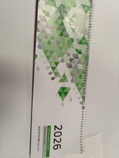 300171 - ZETTLER Kalendari i Tavolinës 1W/1S Jeshile 2026 – Kalendar Javor 30 × 10 cm, 1 javë për faqe, orar 7:00–19:00, i çertifikuar nga FSC