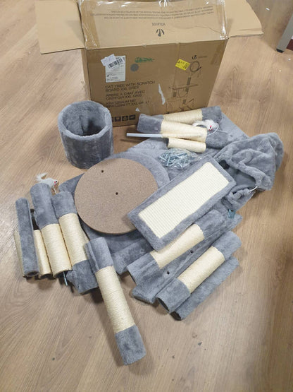 221362 - VOUNOT® Pemë Gjigante për Mace, Shtyllë Kërcimi XXL, Qendër Aktivitetesh me Shpellë, 154 cm e Lartë, Gri