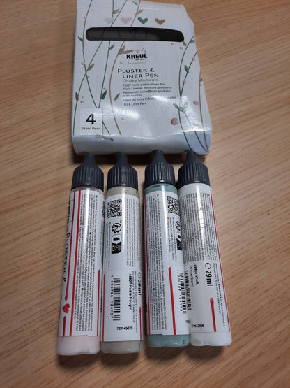 198221 - KREUL - StiloLaps Puffy & Liner Chalky Moments, 4 x 29 ml, nuanca shkumësi, bojë fryrëse për dekorim dhe zbukurim, efekte dekorative 3D me tharje në furrë, hekur ose tharëse flokësh.