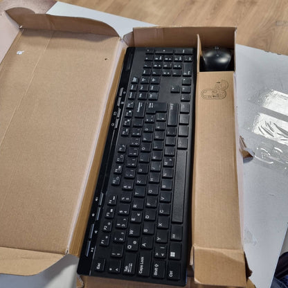 296146 - Amazon Basics Set tastiere dhe mausi pa tel, madhësi të plotë, marrës USB 2.4 GHz, paraqitje gjermane, e zezë
