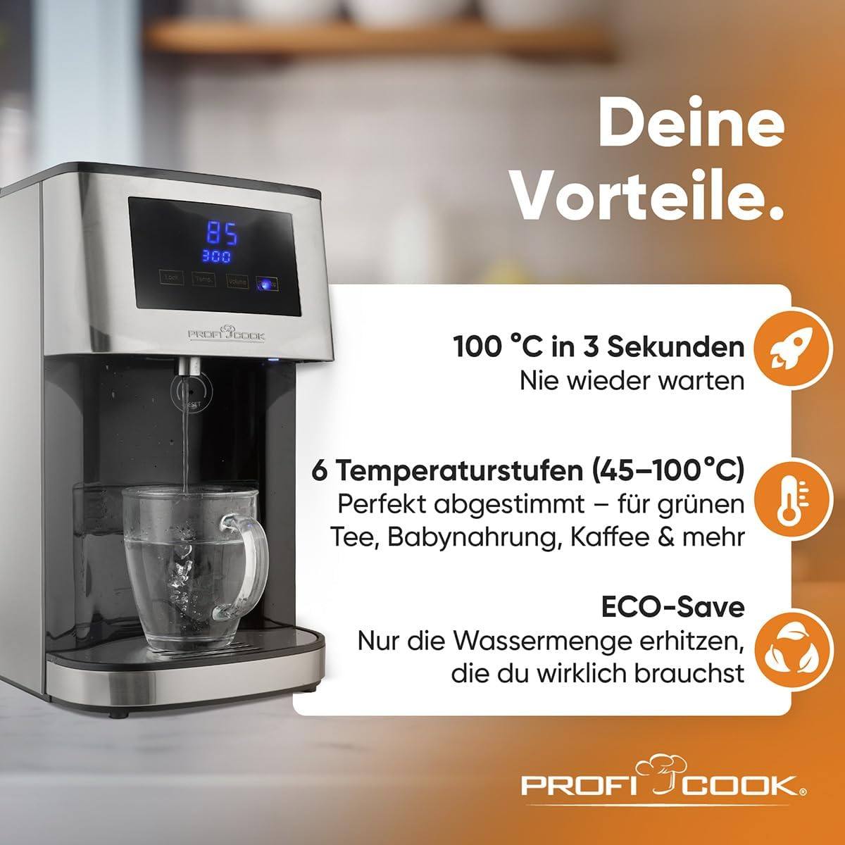 213035 - Dispenser Uji i Nxehtë ProfiCook | Ujë i Nxehtë në 3 Sekonda | Çajnik | Ujë i Valë me Prekjen e një Butoni | Strehë Çeliku Inoks | Ekran LED me Funksionim me Prekje me Sensor | 2600 Vat | PC-HWS 1145