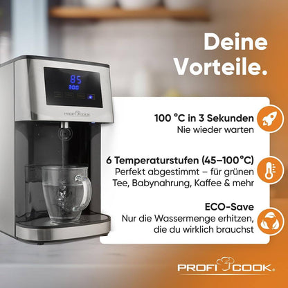 213035 - Dispenser Uji i Nxehtë ProfiCook | Ujë i Nxehtë në 3 Sekonda | Çajnik | Ujë i Valë me Prekjen e një Butoni | Strehë Çeliku Inoks | Ekran LED me Funksionim me Prekje me Sensor | 2600 Vat | PC-HWS 1145