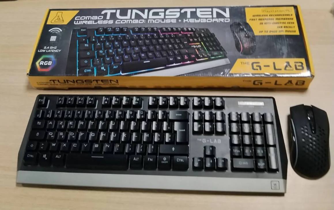 295163 - G-LAB Combo Tungsten, Set tastiere dhe mausi pa tel për lojëra, Tastierë AZERTY + maus 2400 DPI, Pako për PC PS4 PS5
