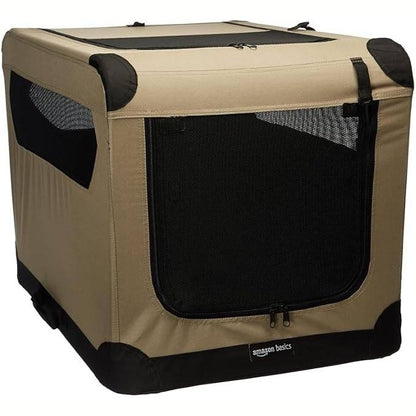 231448 - Amazon Basics Kafaz portativ udhëtimi për qen me 2 dyer, i palosshëm dhe me material të butë, madhësia M (76 × 53 × 53 cm), ngjyrë kafe.