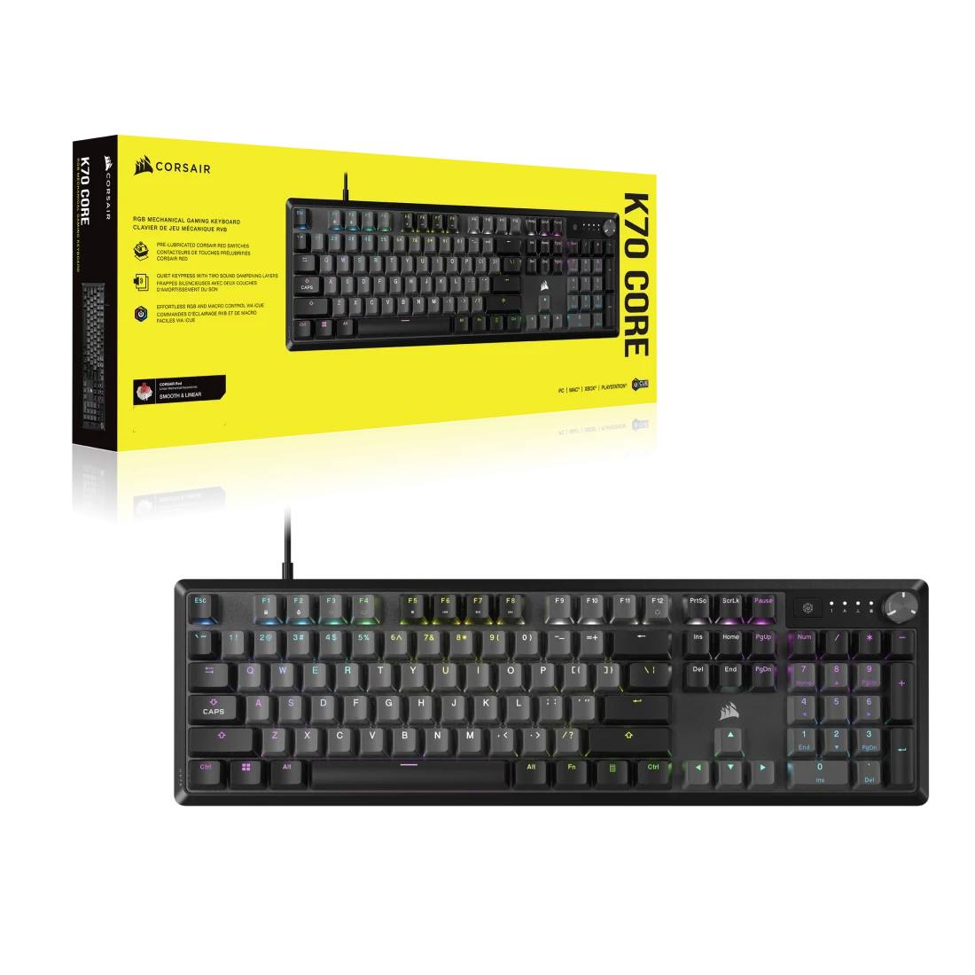 295083 - CORSAIR Tastierë mekanike për lojëra me tela K70 CORE RGB – Çelësa linearë të lubrifikuar MLX të kuq, SOCD, amortizim zhurme, rrotë kontrolli mediash, AZERTY FR – e zezë