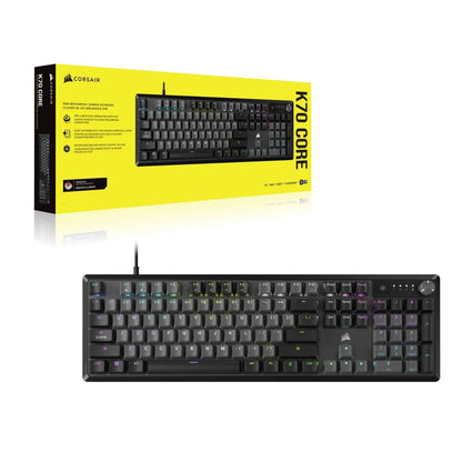 295083 - CORSAIR Tastierë mekanike për lojëra me tela K70 CORE RGB – Çelësa linearë të lubrifikuar MLX të kuq, SOCD, amortizim zhurme, rrotë kontrolli mediash, AZERTY FR – e zezë