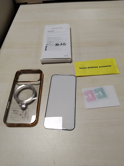295924 - Yourouther Mbështjellëse magnetike 3-në-1 për iPhone 17 Pro Max 6.9" [Mbështetëse rrotulluese 360° CD për MagSafe] [Përfshin mbrojtës ekrani dhe mbrojtës kamere] [Nuk zverdhet kurrë] Rezistent ndaj goditjeve të nivelit ushtarak, ngjyrë ari