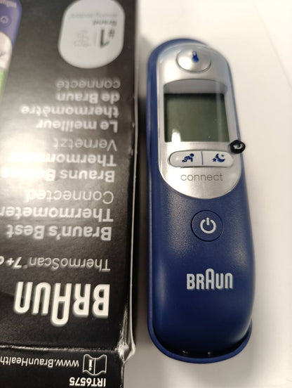 300414 - BRAUN Termometër veshi ThermoScan® 7+, I pajtueshëm me aplikacionin Braun Family Care™, Teknologjia Age Precision®, Ekran dixhital me kodim ngjyrash, I përshtatshëm për foshnje dhe fëmijë të vegjël