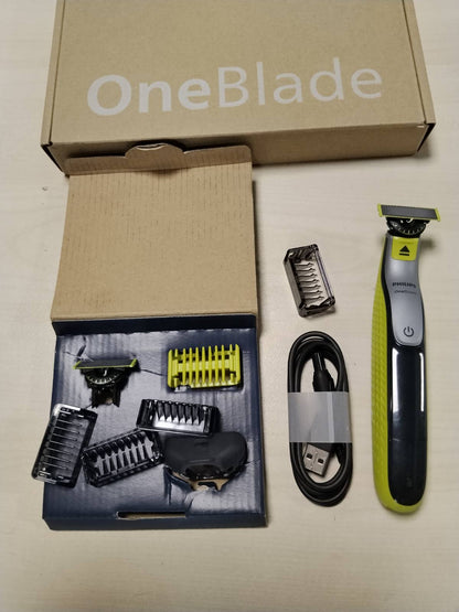297965 - PHILIPS Makinë autentike për shkurtimin elektrik të mjekrës dhe fytyrës OneBlade 360, 3 tehe 360, 4 krehër (1, 2, 3, 5 mm), QP2834/31