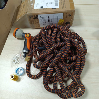 293161 - VOUNOT® Tub kopshti i përforcuar 15m, zgjerueshëm, me enë sapuni, i përshtatshëm për aksesorë 1/2" dhe 3/4", 8 modele spërkatjeje, fleksibël, lidhës dhe çantë ruajtjeje e përfshirë