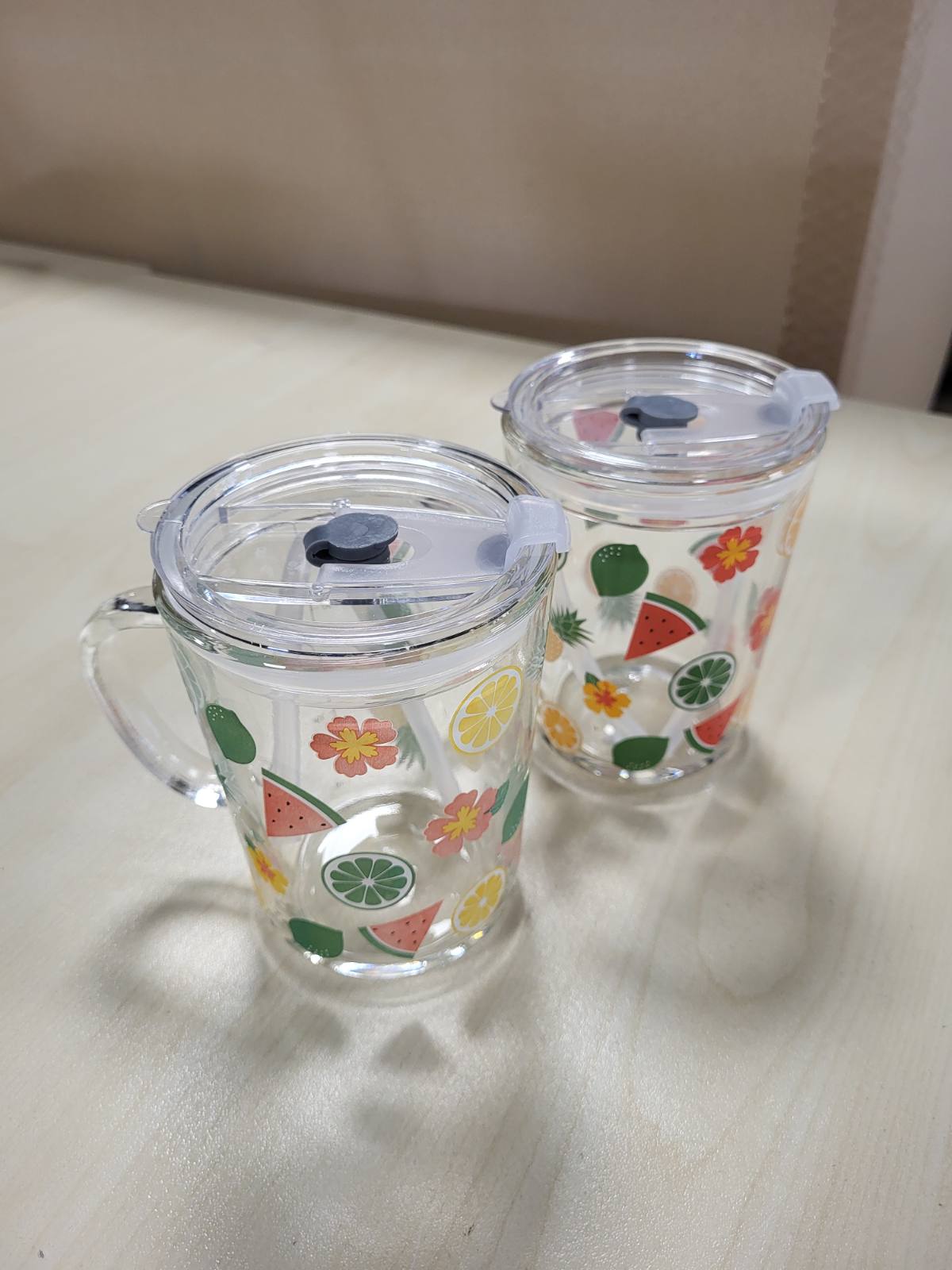 294031 - RELAXDAYS Gota për Fëmijë, Set prej 2, Motiv Frutash, Kapacitet 400 ml, Transparente, Dorezë dhe Kapak