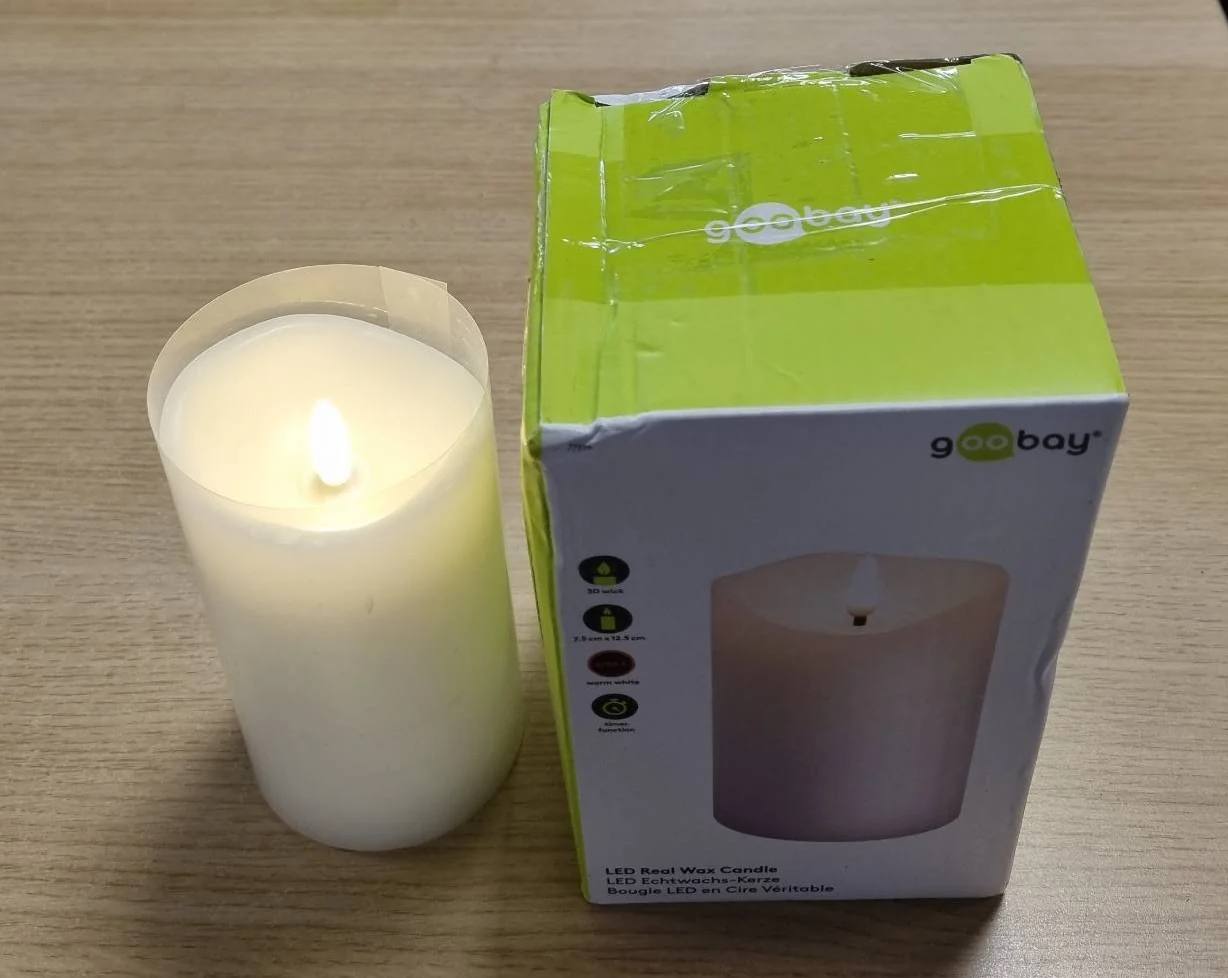 294496 - GOOBAY Qirinj LED, Qirinj të Bardhë me Dyllë të Vërtetë 7.5x12.5 cm me Funksion Kohëmatësi, Fitil 3D, Punon me Bateri, E Bardhë e Ngrohtë