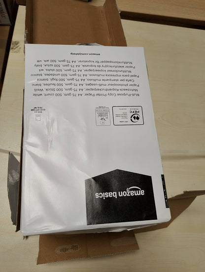 293591 - Letër shumëpërdorimëshe Amazon Basics, A4, 75g/m2, 2500 fletë (pako me 5), e bardhë
