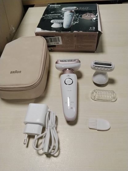 300267 - BRAUN Silk-épil 9 Flex, Depilator për Gra, Makinë Rroje për Zonja, Kokë Rroje, 9-030 3D, Titan i Bardhë/Rozë