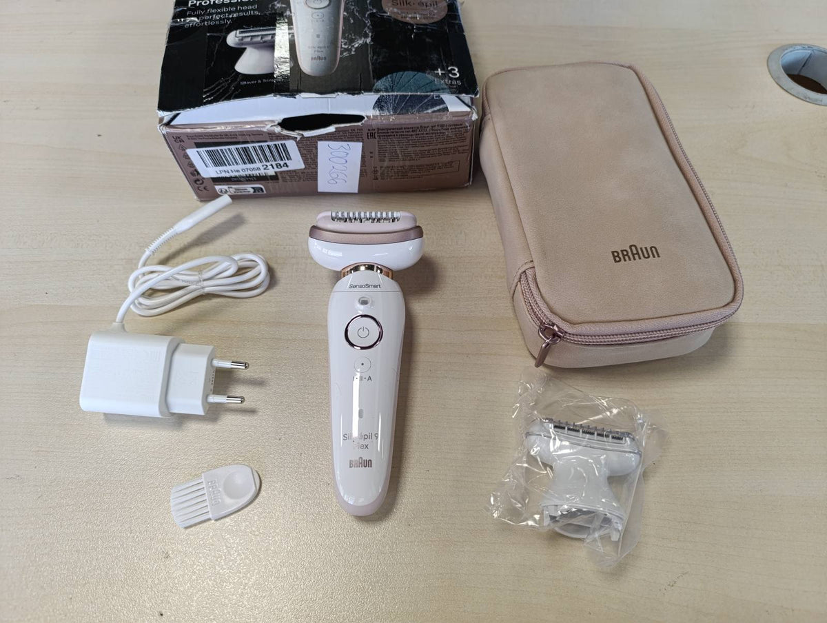 300266 - BRAUN Silk-épil 9 Flex, Depilator për Gra, Makinë Rroje për Zonja, Kokë Rroje, 9-030 3D, Titan i Bardhë/Rozë