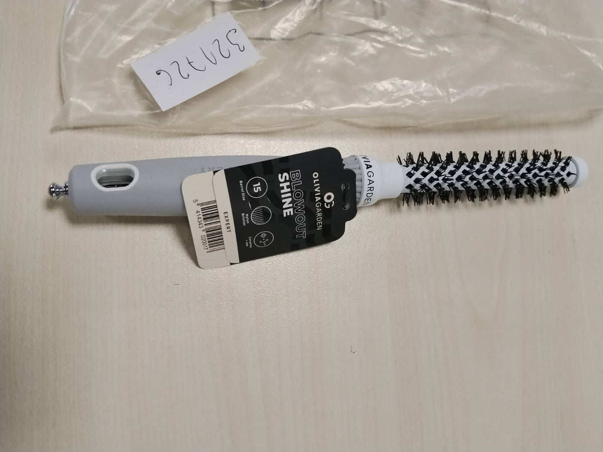 321726 - OLIVIA GARDEN Furçë Expert Blowout Shine 15 - E bardhë dhe gri - Furçë qeramike e rrumbullakët antistatike për floke me shkëlqim dhe pa kaçurrela