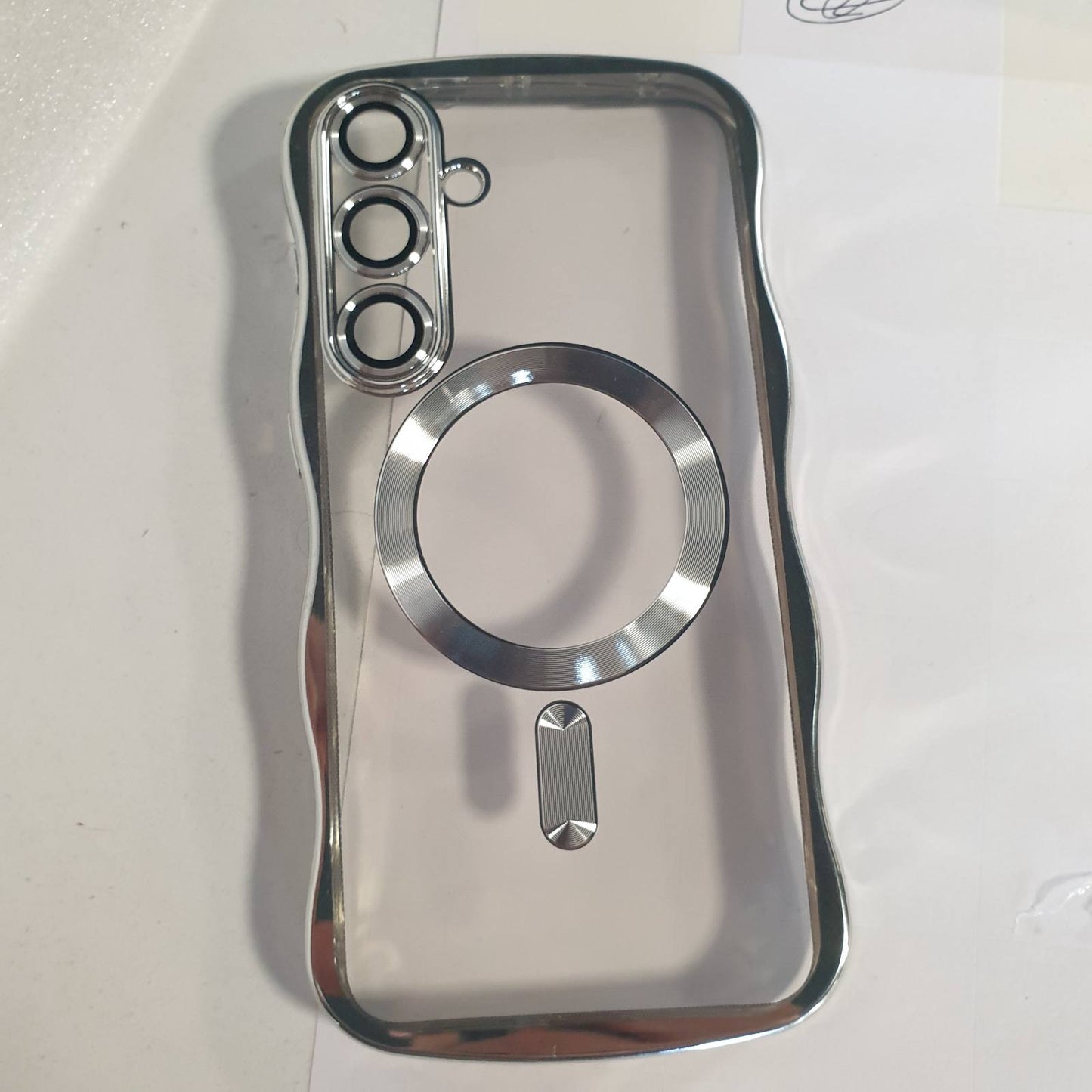 274461 - Ethanger Mbulesë magnetike për Samsung Galaxy S24 Plus, Mbështjellëse transparente me kornizë të valëzuar të galvanizuar, e pajtueshme me MagSafe, mbulesë mbrojtëse rezistente ndaj goditjeve, argjendi