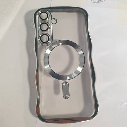274461 - Ethanger Mbulesë magnetike për Samsung Galaxy S24 Plus, Mbështjellëse transparente me kornizë të valëzuar të galvanizuar, e pajtueshme me MagSafe, mbulesë mbrojtëse rezistente ndaj goditjeve, argjendi