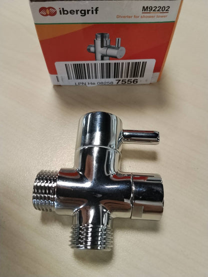 322697 - IBERGRIF Valvul Devijuese 3-Kontrolluese M92202 G1/2", Tunxh i Kromuar, 1 Hyrje dhe 2 Dalje G1/2", Përshtatës Universal për Dush Dore dhe Kokë Dushi të Fiksuar, i përshtatshëm për Presion Uji 1–5 Bar