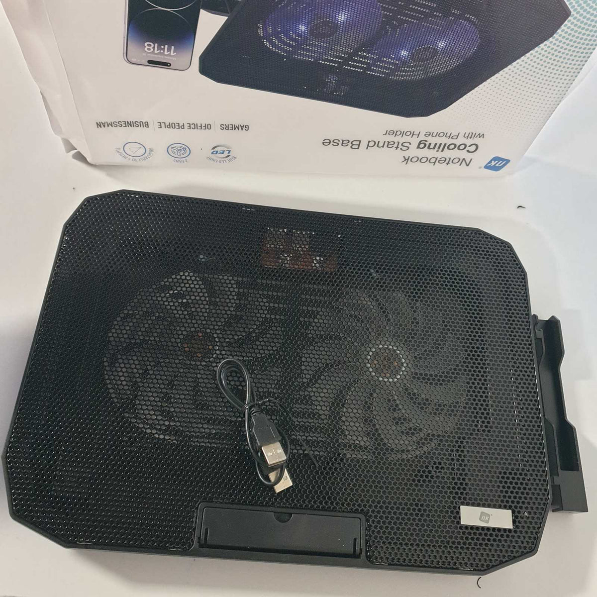 309073 - NK Baza Portative Ftohëse për Laptopë 12 deri në 17 inç me 5 Mbështetëse të Rregullueshme, 2 Ventilatorë të Heshtur, 2 Porta USB, Ftohje e Shpejtë, Dritë LED Blu