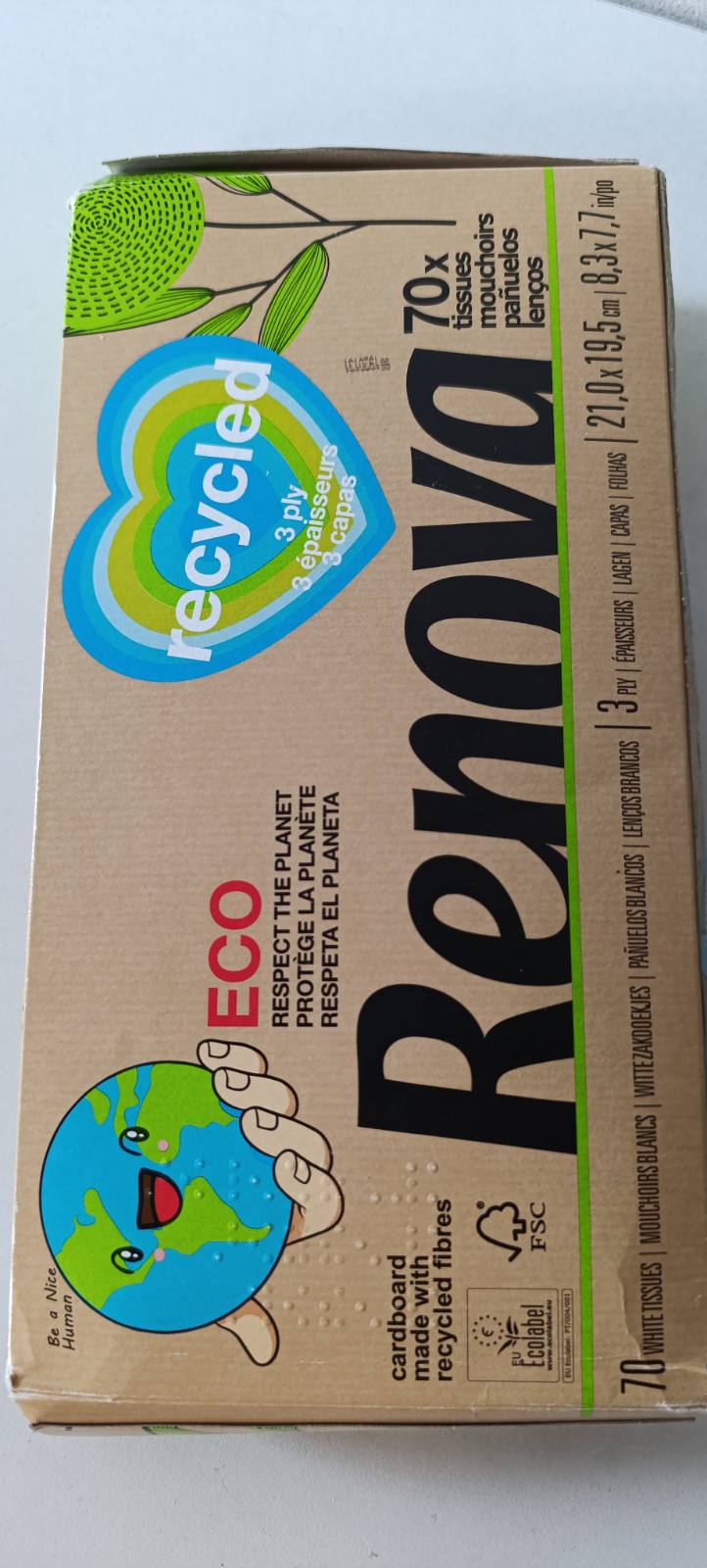 322163 - Renova 200102775 Peceta Fytyre 100% të Ricikluara, 70 Fletë për Kuti, Të Bardha, 22.5 x 21 cm