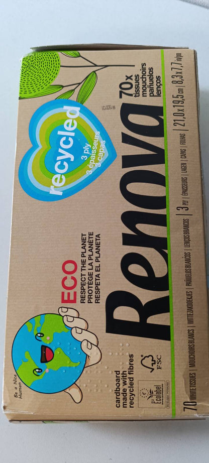 322163 - Renova 200102775 Peceta Fytyre 100% të Ricikluara, 70 Fletë për Kuti, Të Bardha, 22.5 x 21 cm