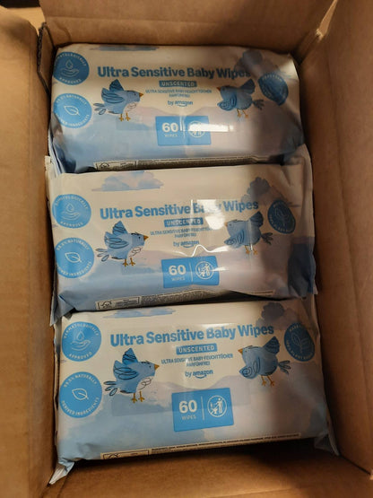 297419 - Amazon Peceta Ultrasensitive për Fëmijë, 100% fibra bimore, 99% ujë, 1080 peceta, pa aromë, 18 pako me nga 60 peceta