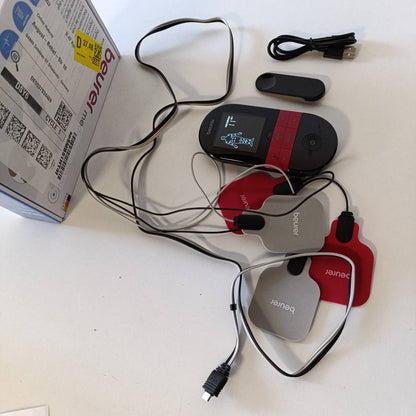289517 - BEURER EM 59 Pajisja dixhitale TENS/EMS Heat, 4-në-1 për terapi dhimbjeje, stimulim muskujsh, masazh dhe terapi me nxehtësi, përfshin 4 elektroda dhe bateri.
