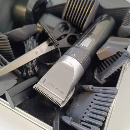 289577 - REMINGTON Makinë prerëse flokësh profesionale HC5811, teh qeramike vetëmprehëse 0.8-40 mm, rregullim preciz, set prerësish flokësh (10 krehëra, funksionim me rrjet/bateri, litium, kuti alumini, pelerinë berberi)