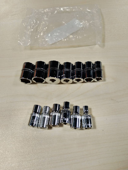 314486 - E-Torx Bestgle Set me 13 copë prizash, çelësa prizash Torx Hembr E-TORX 1/4 inç (6.3 mm), Version i shkurtër, 4-14 mm për riparimin e motoçikletave, biçikletave, mobiljeve etj.