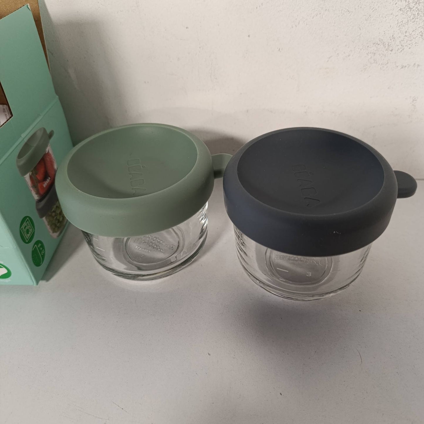 275749 - BÉABA Set me 2 enë qelqi për ruajtjen e ushqimit | 150 ml | 100% hermetik | Rezistent ndaj nxehtësisë dhe të ftohtit | Jeshile sherebele/minerale