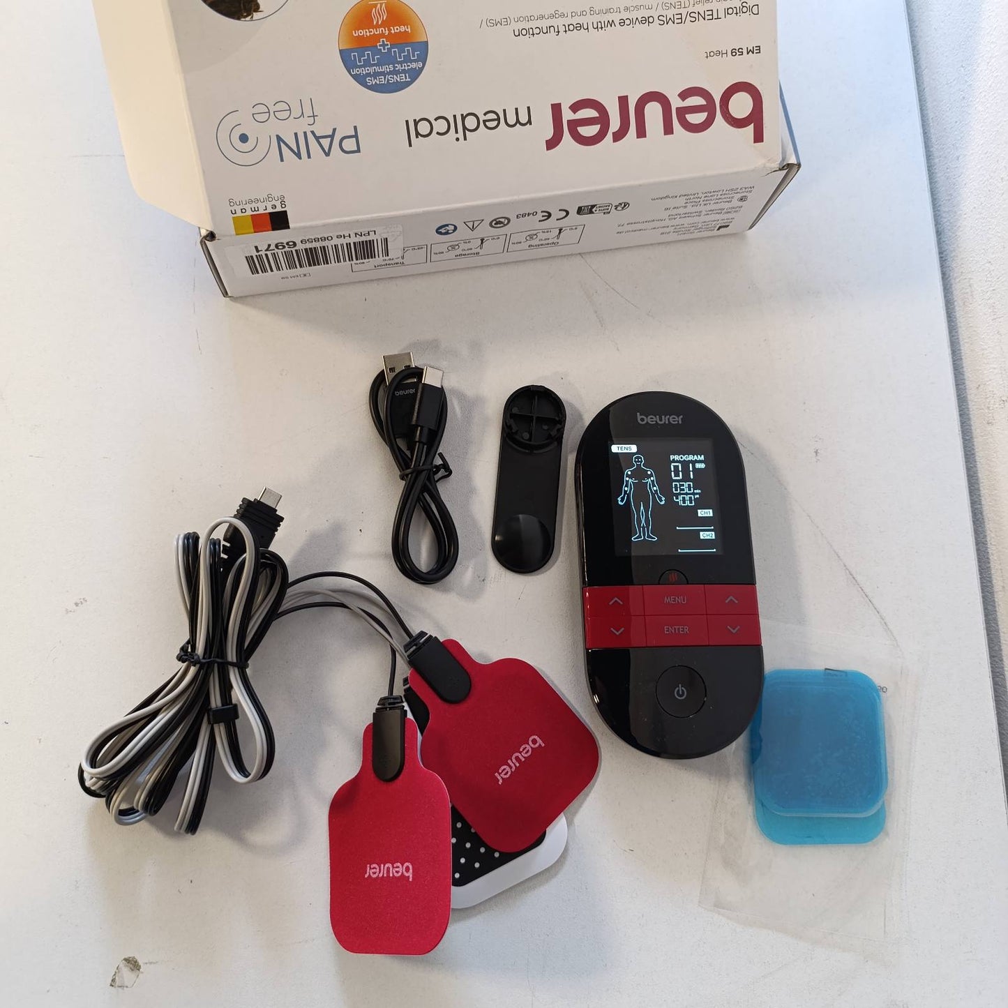 274976 - BEURER Pajisja dixhitale TENS/EMS EM 59 Heat, 4-në-1, për terapi dhimbjeje, stimulim muskujsh, masazh dhe terapi me nxehtësi, përfshin 4 elektroda dhe bateri