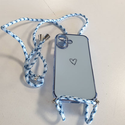 310575 - E-LUSH Mbrojtëse për iPhone 17 me rrip, silikon i elektrolizuar në formë zemre, me kordon për ta mbajtur rreth qafës, mbrojtëse nga kamera, rezistente ndaj goditjeve, blu