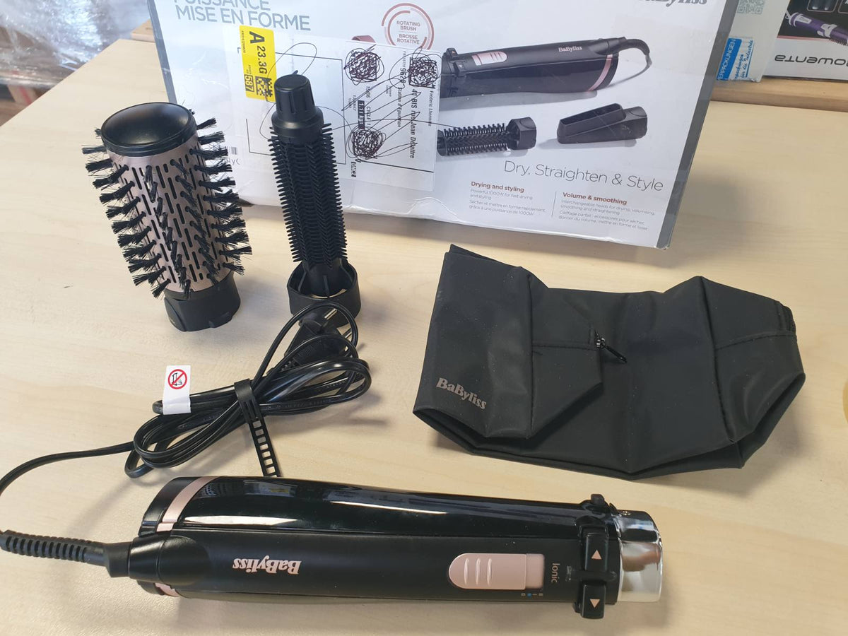 301692 - BABYLISS Furçë rrotulluese për tharëse flokësh AS200E, me 4 aksesorë të ndërrueshëm, funksion jonik, ngjyra e zezë