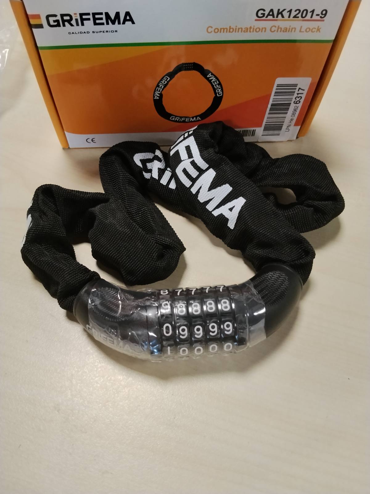 289174 - GRIFEMA GAK1201-9 Kyç biçiklete kundër vjedhjes, Kyç zinxhiri 5-shifror, 90 cm, i zi