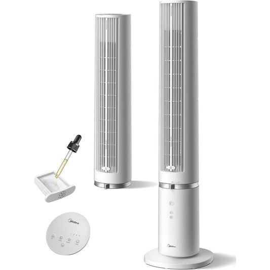 322212 - MIDEA Ventilator Kullë MTF25FRWUK 40'' për Dhomë Gjumi, Ftohje e Fuqishme 9m/s, Me Telekomandë Gjithëpërfshirëse, Oksidues 90° me Dizajn Inovativ të Lëvizshëm dhe të Larëshëm, 4 Shpejtësi, Ventilator i Qetë 28dB për Shtëpi, i Bardhë