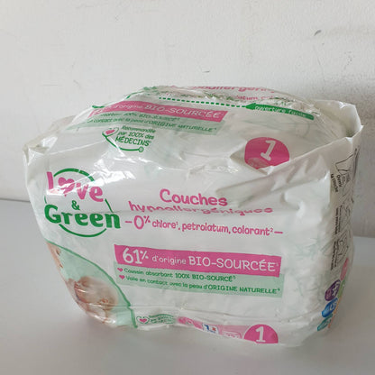 297706 - LOVE & GREEN Pelena të shëndetshme dhe ekologjike për foshnje - Madhësia 1 (2-5 kg) - 23 pelena - Thithëse, të papërshkueshme nga rrjedhjet
