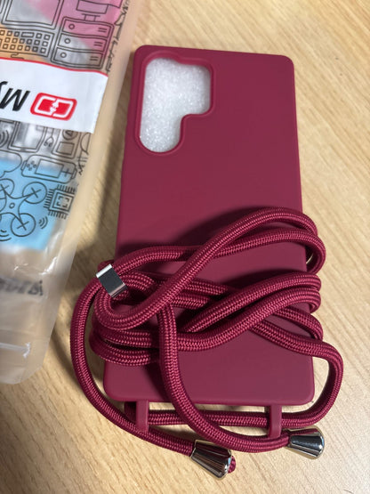 296451 - MYGADGET Mbështjellëse Cord për Samsung Galaxy S25 Ultra - Mbulesë silikoni mat me rrip qafe - Mbrojtje nga goditjet - Lëkurë burgundy