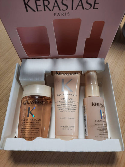 307453 - KÉRASTASE Gloss Absolu, set kujdesi me shampo 80 ml, balsam 75 ml, mbrojtës nga nxehtësia 45 ml, për flokë të gjatë dhe kaçurrelave