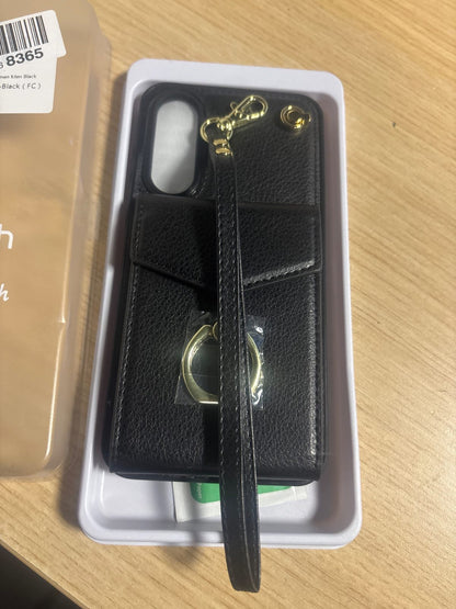 319166 - Këllëf portofol Asuwish për Samsung Galaxy 56A LTE, me mbrojtëse ekrani prej xhami të temperuar, bllokim RFID, mbajtëse unaze dhe mbajtëse për karta, prej lëkure, ngjyrë e zeze..